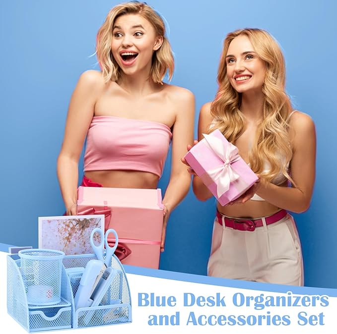 11 in 1 Blue Desk Organizer and Accessories, Blue Desk Accessories Light Blue Office Supplies Include Blue Stapler Blue Tape Dispenser Pen Holder Staple Remover Clips Ruler Scissors Tapes Tabs