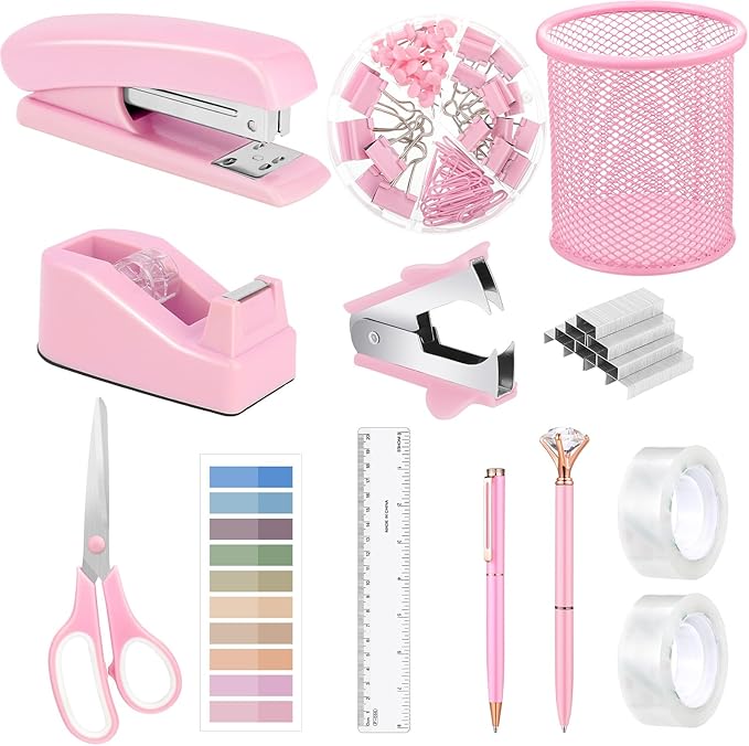 13 in 1 Pink Office Supplies, Pink Desk Accessories for Women with Stapler,Tape Dispenser,1000 Staples,Pen Holder,Staple Remover,Clips,Ruler,Scissors, Tabs,Tape,Ballpoint Pen