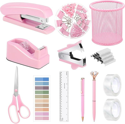 13 in 1 Pink Office Supplies, Pink Desk Accessories for Women with Stapler,Tape Dispenser,1000 Staples,Pen Holder,Staple Remover,Clips,Ruler,Scissors, Tabs,Tape,Ballpoint Pen