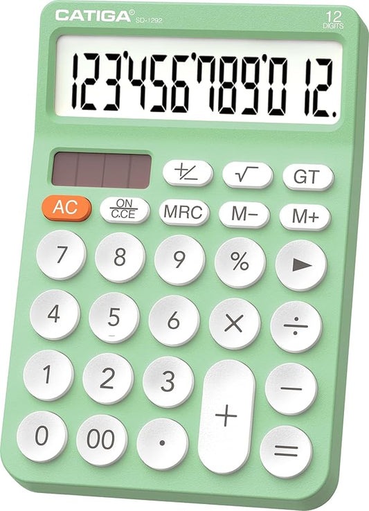 CATIGA 12 Digit Desktop Calculator Basic Desk Calculator with Large LCD Display, Big Buttons, 4 Function, Solar and Battery Dual Power, for Office, School, Home, SD-1292 Mint