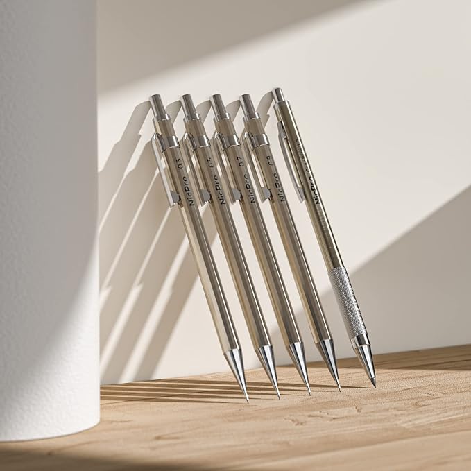 Nicpro 29PCS Metal Mechanical Pencil Set in Leather Case, 0.3 & 0.5 & 0.7 & 0.9 & 2mm Lead Pencil Holder, (6B 4B 2B HB 2H 4H) Lead Refills (Black & Colors), Erasers For Art Drafting Sketching Drawing