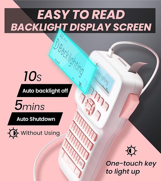 Vixic Pink Label Maker, Rechargeable Label Makers with Keyboard, Handheld Label Maker Machine with Bluetooth Backlit Large Display LM1600, Portable Labeler for Home & Office Organization School Kids