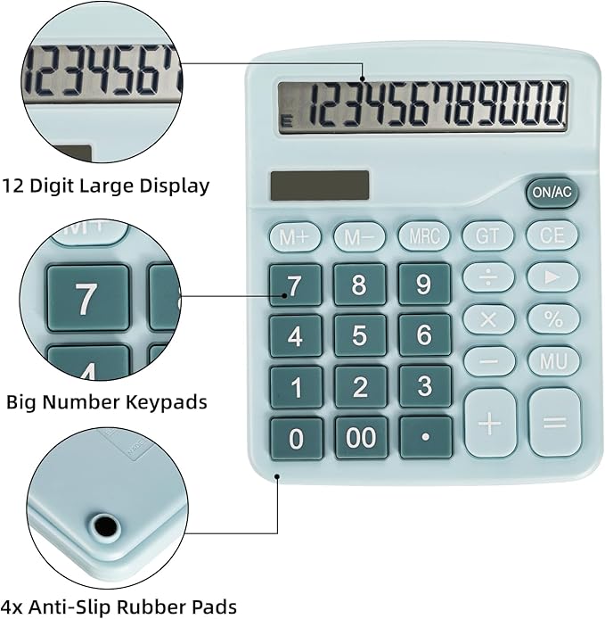 4 Pack Handheld Desktop Calculators, Solar Battery Dual Power Basic Calculator 12 Digit Large Display, Standard Functional Desk Calculator Big Sensitive Button for Office Home School Pink Blue