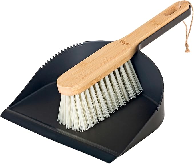 Vigar Vintage Mini Bamboo Broom with Dustpan Combo Set, Small Dust Pan and Brush Set for Dust, Pet Hair, Car, and Crumb, House, Kitchen Broom, Black