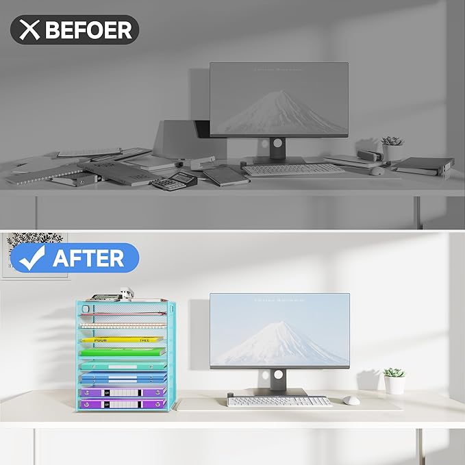 9 Tier Paper Organizer with Handle, Large Capacity Desk Organizer Mesh Paper Letter Tray File Folder Document Sorter for Classroom and Office Accessories Organization- Blue (2 Pack)