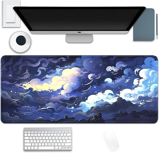 Blue Clouds Mouse Pad,Extended Stars Sky Dark Blue Clouds Mousepad Desk Pad with Stitched Edges,Non-Slip Waterproof Rubber Base Mouse Mat for Office Computer Keyboard Laptop Home(27.5x11.8 in)