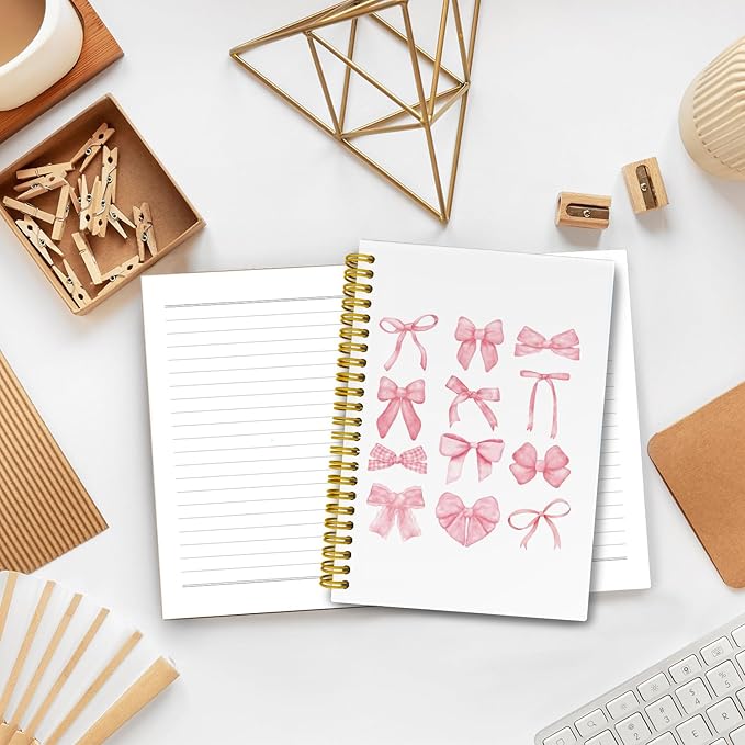 LiTiu Pink Spiral Journaling Notebook,Preppy Coquette Girly Style Notebook for School Teen Girls Women,Bow Trendy Funky Hardcover Spiral Notebook, 80 Sheets 5.8x8.3
