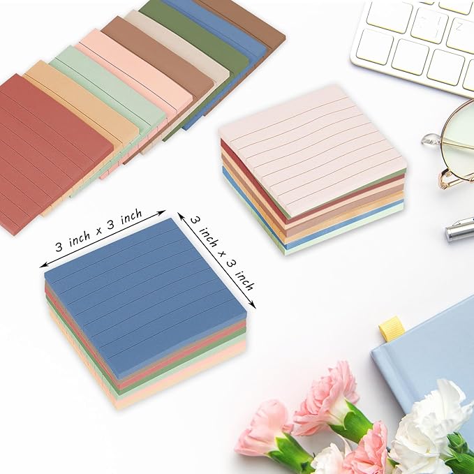 24 Pack Lined Sticky Notes 3x3 in Ruled Stickies Super Sticking Power Memo Pads, Vintage Colors Sticky Notes with Lines Self-Stick Note Pads