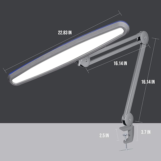 Neatfi XL 2,200 Lumens LED Desk Lamp, 23 Inches 24W, Adjustable Arm, Dimmable, Eye Caring, Nail Light for Home, Office, Study Lamp (Non-CCT with Clamp, Silver)