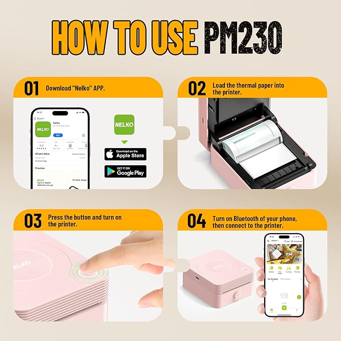 Nelko Sticker Printer, PM230 Print Pod Mini Bluetooth Portabel Sticker Maker with 3 Rolls Paper, Print Pods Mini Printer with Multiple Templates for Phone & Tablet，for School Office Home, Pink