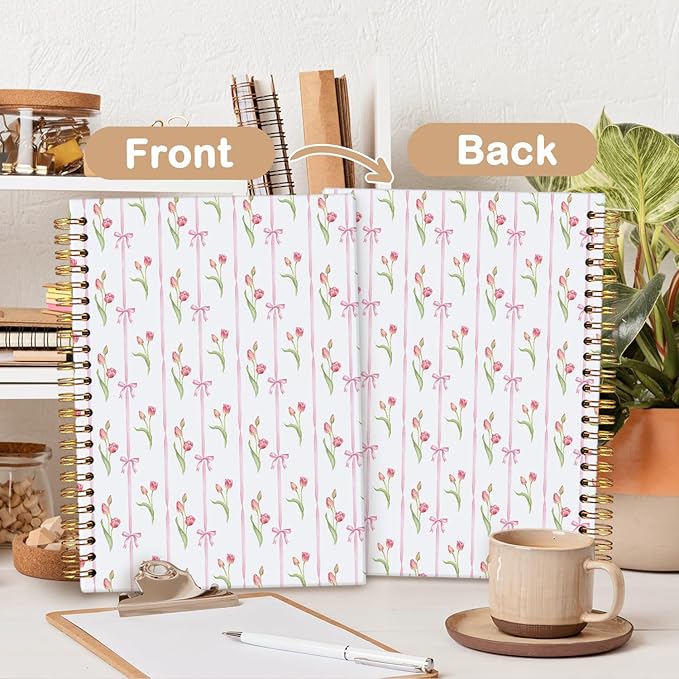 MOFUYU Tulips Spiral Journal Notebook for Women,Pink Hardcover Notebook for Work & Note Taking,Cute Notebooks for School A5 Size 5.5x8.3