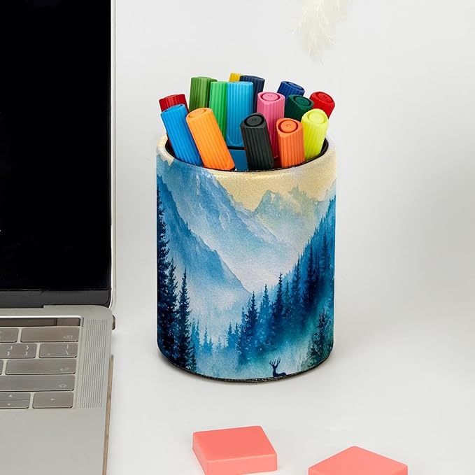 Watercolor Mountain Deer Circular Pen Holder, Pen Cup Makeup Brush Holder, Design for School, Home and Stationary Supplies (3.9 x 3.1 Inches)