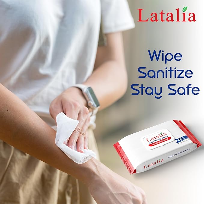 Latalia Hand Wipes Pack of 2 | 80% Alcohol Hand Sanitizer Wipes for Hands & Face Moisturizing, Gentle, Convenient and Fragrance Free (40 Counts)