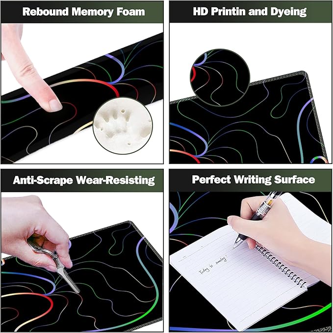 ARTSO Gaming Mouse Pad Wrist Support Set, XXL Large Desk Mat Mousepad + Keyboard Wrist Support+ Mouse Wrist Rest+Coaster 4in1 Ergonomic, Memory Foam, Stitched Edge for Home Office -Colorful Lines
