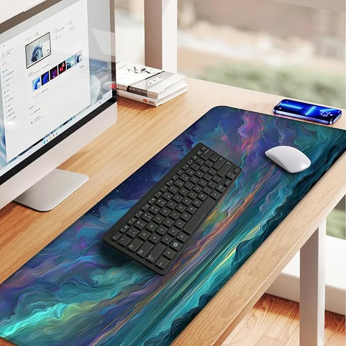 Starry Night Ocean Waves Mouse Pad – Large 31.5" x 11.8" Abstract Seascape Desk Mat with Vibrant Blue, Green & Purple Waves and Starry Sky, Non-Slip Rubber Base, Smooth Surface for Gaming & Office