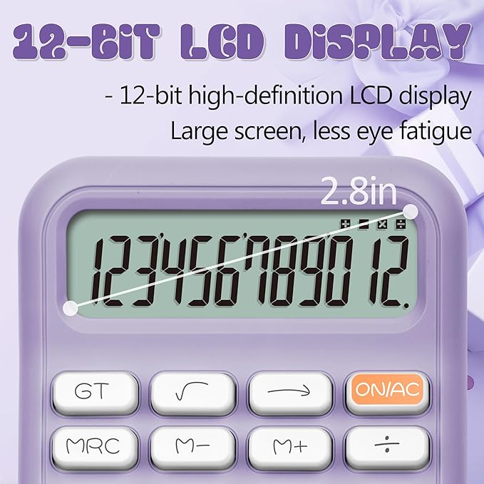 Desk Calculator,12 Digits, Large LCD Display,Big Buttons,Cute and Aesthetic,Suitable for Office and Study (Purple, S)