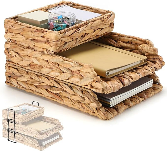 Geelin 3 Pack Woven Water Hyacinth Stackable Desk Organizer Letter Tray, Tabletop Desk Basket for Storage Paper Letter Folders Notebooks Copy Print, Workspace Holder, Keep Stationery Saver