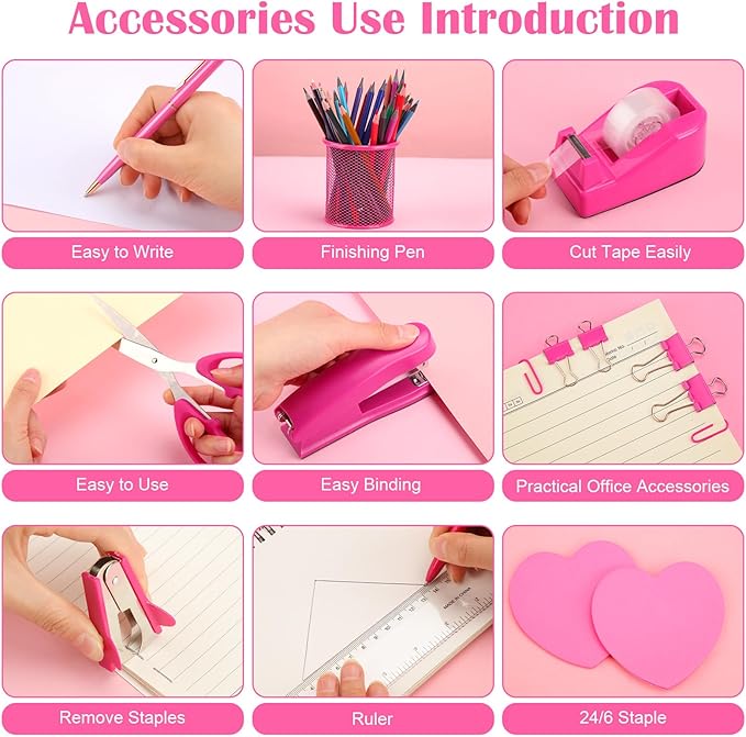 14 in 1 Hot Pink Office Supplies, Hot Pink Desk Accessories for Women with Stapler,Tape Dispenser,1000 Staples,Pen Holder,Staple Remover,Clips,Ruler,Scissors, Sticky Note,Tape,Ballpoint Pen