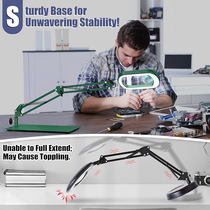 10X Square Magnifying Glass with Light and Stand, Real Glass LED Lighted Magnifier, 5 Color Modes Stepless Dimmable, Hands-Free Mag Desk Lamp with Clamp for Reading Craft Hobby Close Work - Green