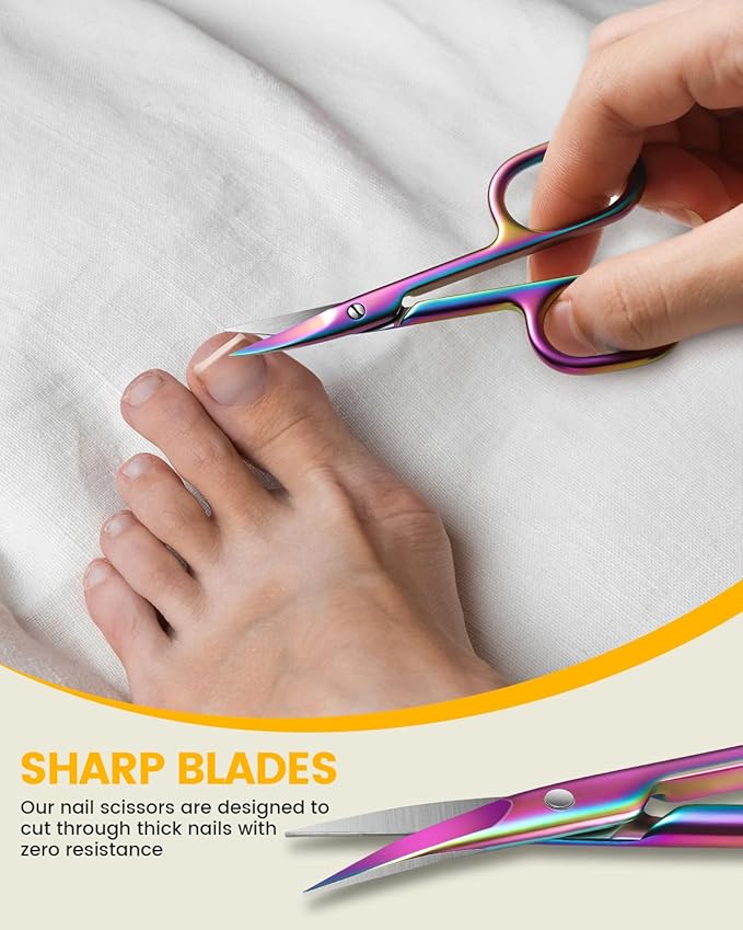 BEZOX Curved Nail Scissors – Fingernail Toenail Scissor for Women, Small Manicure Scissors for Thick Nails, Ultra-Sharp Curved Blades for Precision Grooming - Rainbow