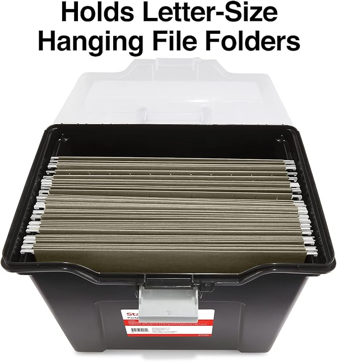 STAPLES File Folder Tote, Portable Filing Box, Letter Size Hanging Folders, Security Latch & Built-In Lid Organizer, Black/Clear