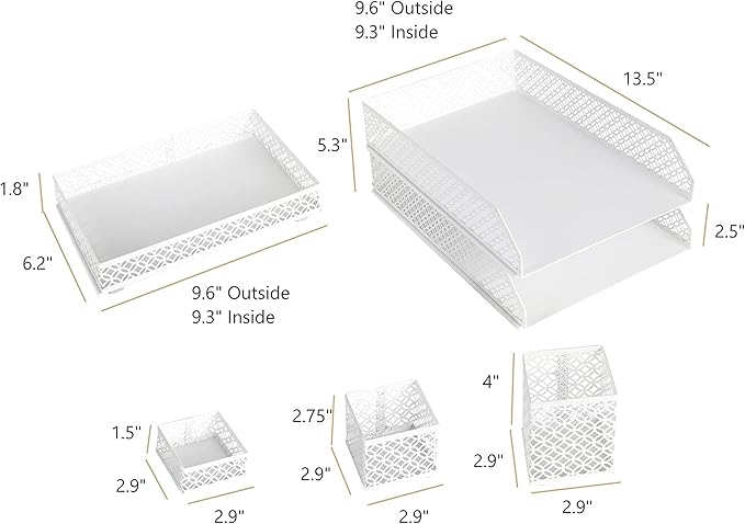 BLU MONACO White Desk Organizer Set for Women – 6-Piece Interlocking Office Supplies Set, Pen Cup, 3 Accessory Trays & 2 Letter Trays, White Paper Tray Holder