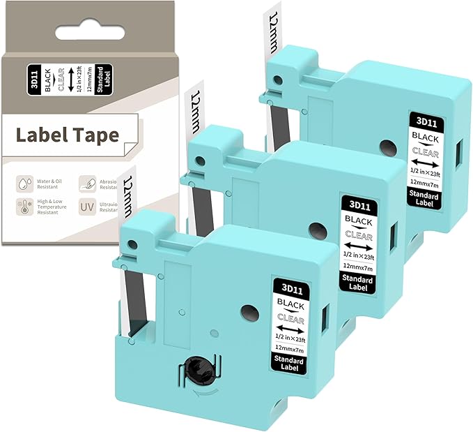 LM1600 Label Maker Tapes Compatible with Dymo D1 Label Tape 45010 S0720500, Replacement for DYMO LabelManager 160 420P 210D 280 360D PnP Label Maker, Black on Clear 3-Pack 1/2 Inch x 23 Ft