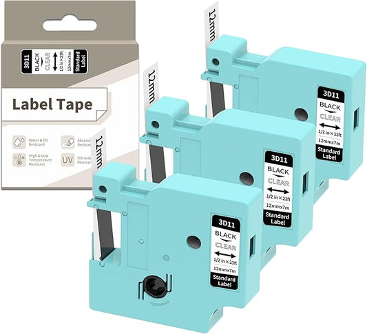 LM1600 Label Maker Tapes Compatible with Dymo D1 Label Tape 45010 S0720500, Replacement for DYMO LabelManager 160 420P 210D 280 360D PnP Label Maker, Black on Clear 3-Pack 1/2 Inch x 23 Ft