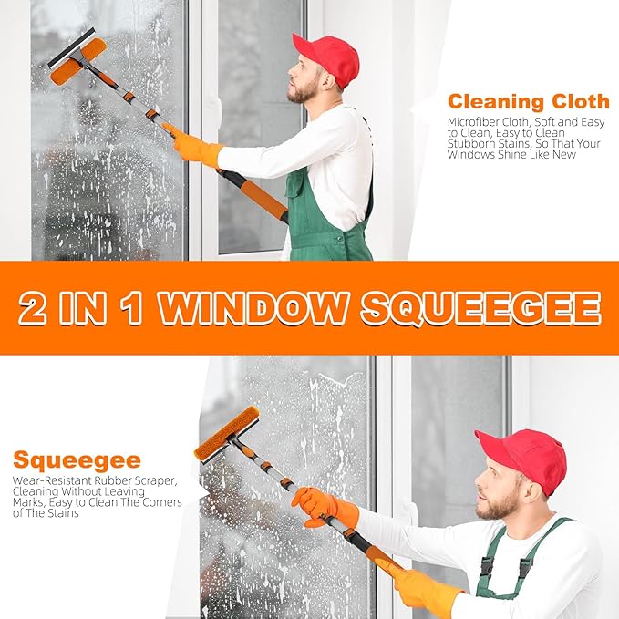 SISUPASSIE 30FT Reach Window Squeegee with Extension Pole, 2-in-1 Professional Window Washing Kit for Home, Indoor Outdoor Squeegee with Rotatable Head for High Windows