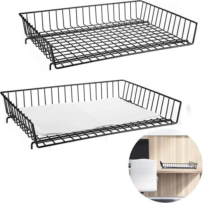 Hicarer 2 Pcs Metal Paper Tray 11 x 17 Inch Iron Wire Grid Desk File Document Letter Tray 11 x 17 Paper Desk Organizer Wide Entry Basket for Office Home (Black)