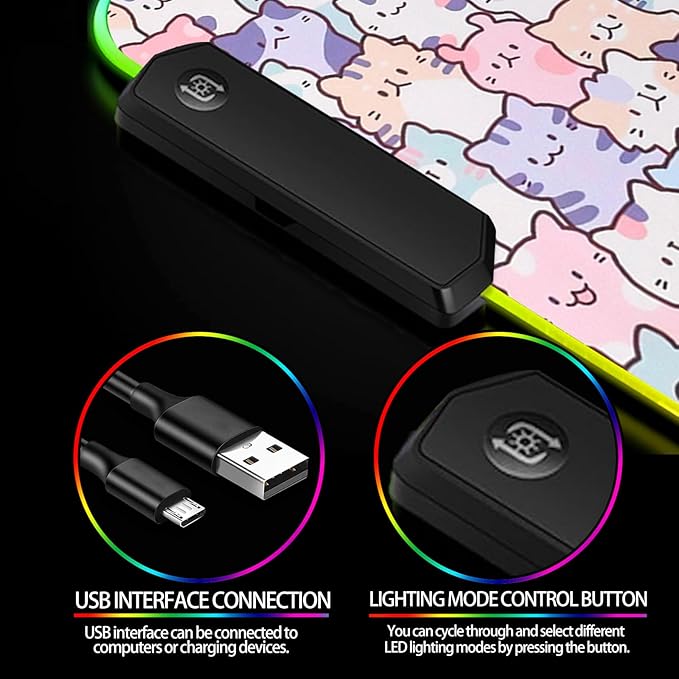 RGB Pink Cat Mouse Pad, Large LED Gaming Light Up Computer Mousepad, Long Glowing PC Laptop and Keyboard Office Desk Mat for Women