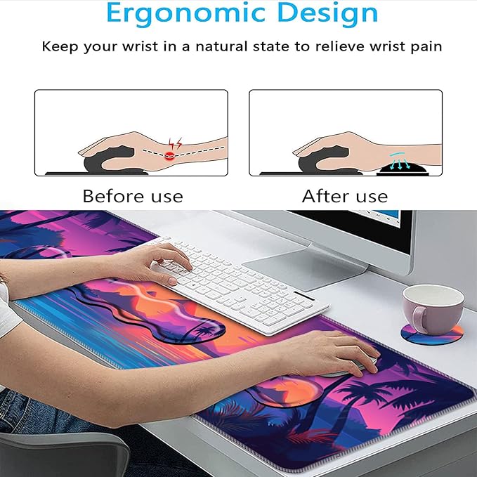 Keyboard Mouse Pad Set,Large Mouse Pad+Keyboard Wrist Rest+Wrist Support+Coaster,31.5x11.8in Extended Desk Mat for Computer Laptop Office Home-Sunset Beach Palm Trees