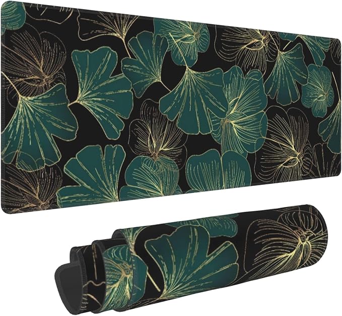 Ginkgo Leaf Large Mouse Pad, Gaming Desk Mat, XL Keyboard Desk Pad Mat for Desktop, 31.5"x11.8" Non-Slip Base Big Mousepad with Stitched Edges