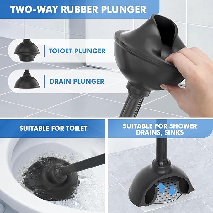 Toilet Plunger and Brush, 2 Pack Bowl Brush and Heavy Duty Toilet Plunger Set with Ventilated Holder, 2-in-1 Toilet Brush and Plunger Combo for Bathroom Cleaning (Black)