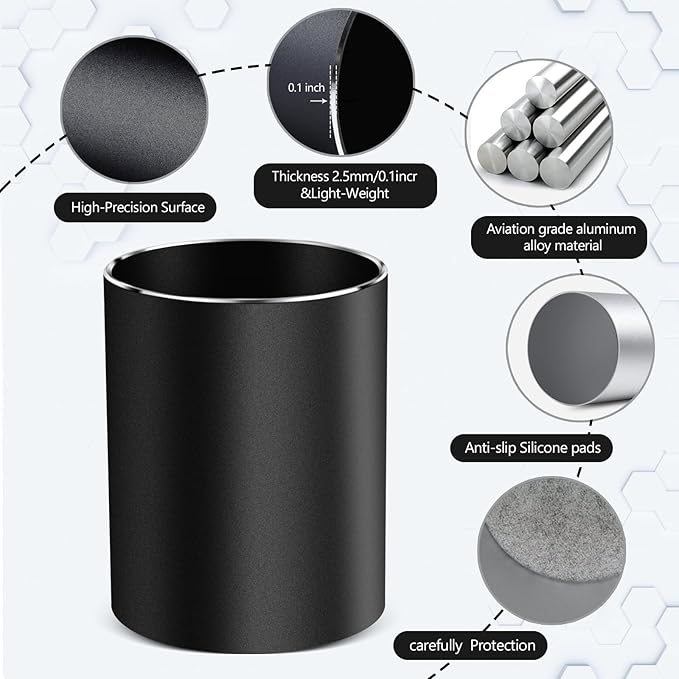 Metal Pen Holder for Desk Round Aluminum Desktop Organizer and Makeup Brush Holder Storage Box for Office, School, Home, and Kids, Non-slip silicone bottom3.9×3.14inch (Black)