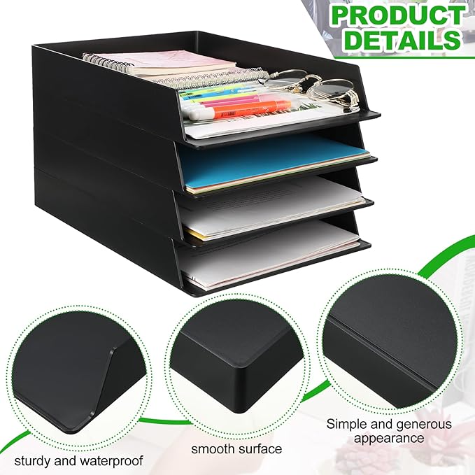 Wenqik 6 Pcs Stackable Paper Trays Rectangular Plastic Desk Holder Desktop Document File Organizer Storage Letter for Office Classroom (Black)
