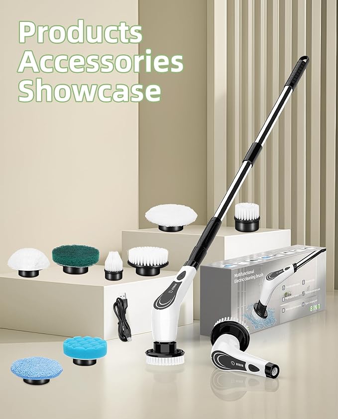 Electric Spin Scrubber with 8 Brush Heads, Extension Handle and 2 Speeds for Beginner, Teens.White-o1.
