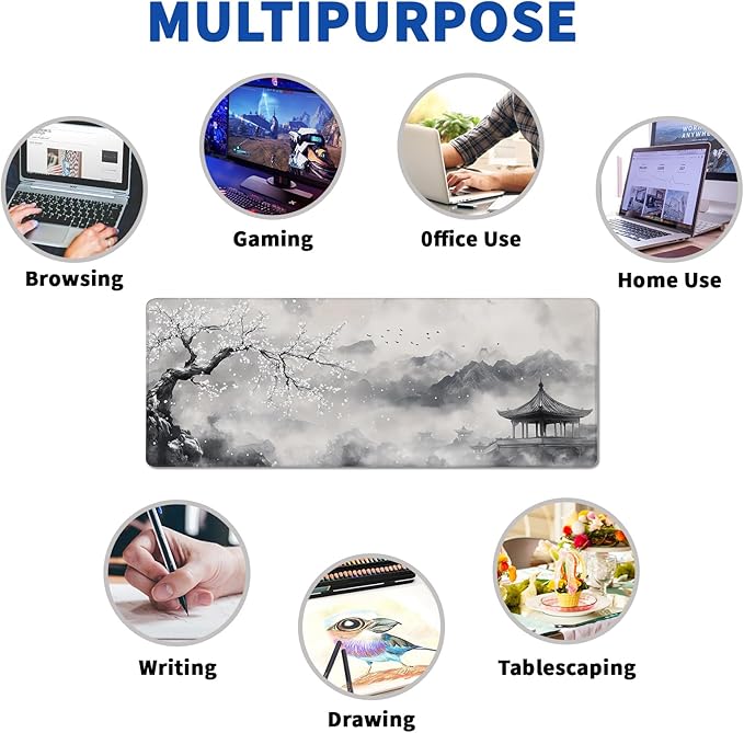 Watercolor Cherry Blossom Mouse Pad Abstract Black Mouse Pad 31.5x11.8 Inch Pagoda Texture Non-Slip Rubber Base Large Mousepad Stitched Edges Keyboard Mouse Mat Desk Pad for Office and Home