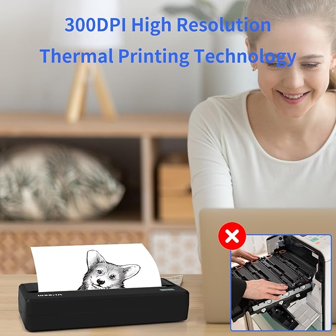 Rongta Inkless Portable Printer for Travel, 300Dpi Wireless Bluetooth Thermal Printer, Compatible with Android/iOS & Laptop,Support 8.5" X 11" US Letter&A4 Thermal Paper Roll (Black)