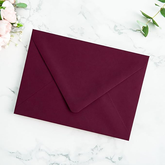 PONATIA 50PCS A7 Euro Flap Envelopes, 5.25 x 7.25'' Burgundy Flowers Liner Envelope for 5x7'' Wedding Invitation Cards, Christmas Gift Cards, Acrylic Invitations, Photos