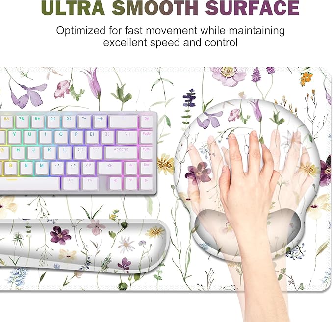 Gaming Mouse Pad, Large Desk Mat, Cute Desk Pad Protector, 4in1 XXL Mousepad + Keyboard Wrist Rest+Mouse Wrist Rest+Coaster Set with Ergonomic Desk Pad for Home Office Computer, Purple Flower Plants