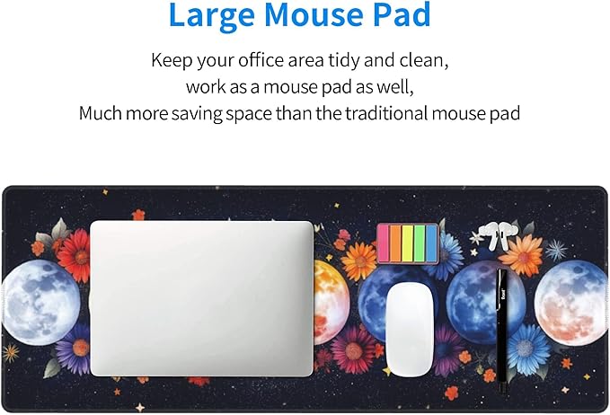 Colorful Moon Phases Large Mouse Pad, Watercolor Flowers Gaming Desk Mat, XL Keyboard Desk Pad Mat for Desktop, 31.5"x11.8" Non-Slip Base Big Mousepad with Stitched Edges