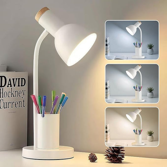 LED Desk Lamp with Pen Holder, Eye-Caring Desk Light 3 Color Modes Reading Light Flexible Gooseneck Metal Study Lamp, Cute Table Lamps for Home Office Bedside Dorm(White lamp)