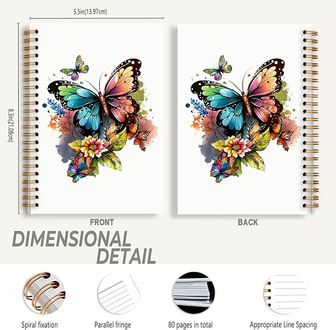 Butterfly Floral Notebook, Watercolor Cottagecore Flowers Journal for Writing, Butterfly Floral Aesthetic Journal for Women, Spiral Notebook 5.5x8.3 Inch