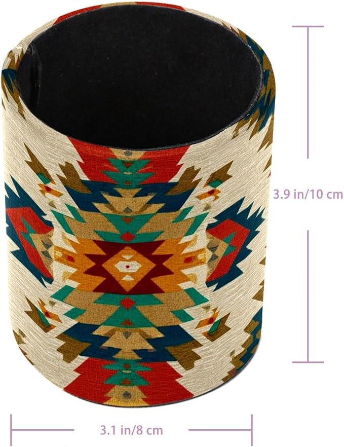 1 Pack Western Vintage Print Circular Pen & Pencil Holder - Durable PU Leather Pencil Cup, Desk Accessories Organizer for Office Desk School Home