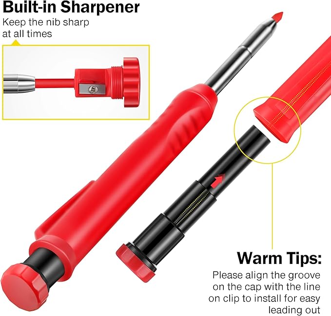 Hiboom 2 Pack Solid Carpenter Pencils with Pencil Cap and 18 Refills, Long Nose Deep Hole Mechanical Pencil Marker, Scribe Tool with Built-in Sharpener for Construction Woodworking Architect (Red)