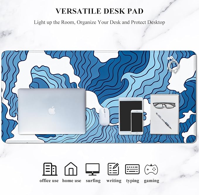 Auhoahsil Large Mouse Pad, XXL Gaming Mousepad, Desk Mat for Desktop, Thick Rubber, Big & Long Size, Stitched Edges, Full Desk Pad for Laptop & Computer, Extended 31.5 x 11.8 in, Janpanese Wave