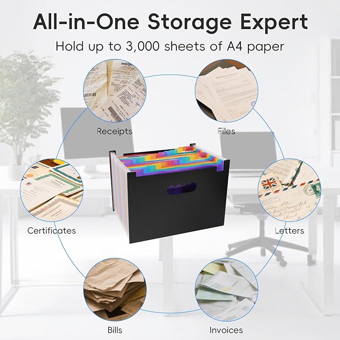 File Organizer Box with Folder, 25 Pockets Accordion File Organizer with Colored Labels, Upgraded & Portable File Folders for Home, Office, School, Brown