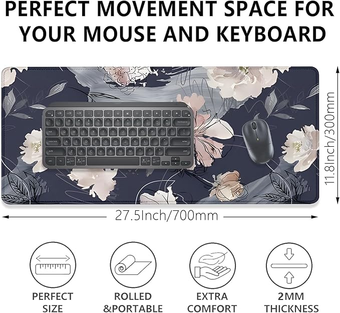 Watercolor Peony Desk Pad Mouse Pad,Floral Extended Large Gaming Mouse Mat with Stitched Edges,Non-Slip Waterproof Rubber Base Mousepad for Office Work Home Desk Mat(27.5X11.8 in)