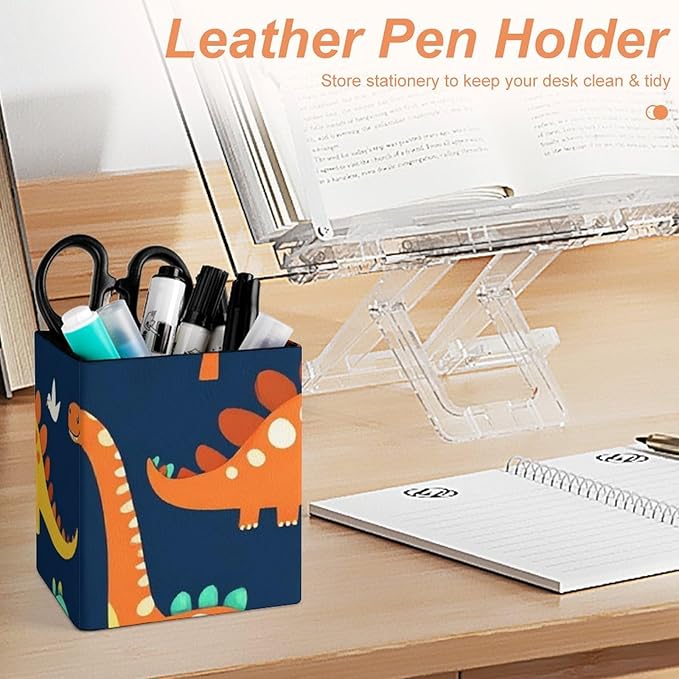 Pen Holder Square Leather Pencil, Holder Cup Makeup Brush Storage Organizer, Waterproof Multifunctional Office Supplies Dinosaur